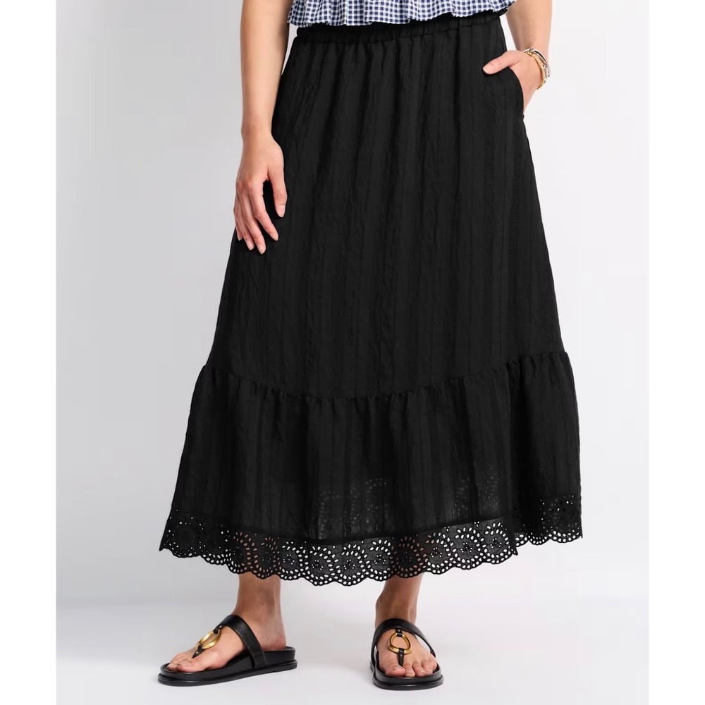 Skies Are Blue Black Eyelet Hem Tiered Midi Skirt Elastic Waist Pockets NEW